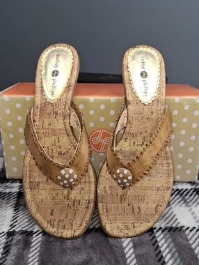 Vintage lindsay phillips "Switch Flops" Tan Cork-Print Wedge Thong Sandals